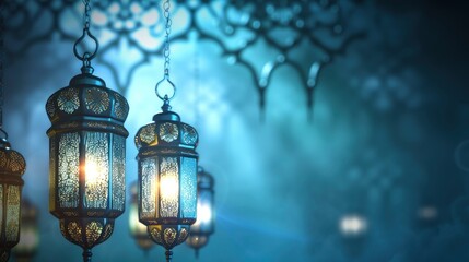 date background with traditional Turkish lanterns Light Lamps and Tasbeeh, light blue color iftar theme image, Ramadan Kareem Mubarak 3d background - generative ai