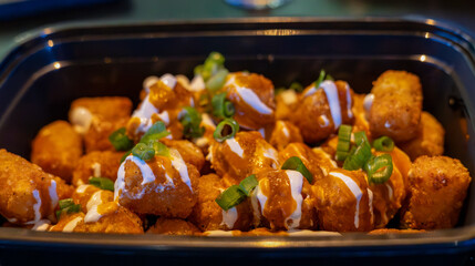Close-up of rustic fried golden potato tater tots in a black tray. Selective focus.