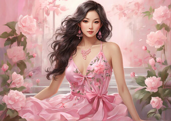 an Asian women exuding charm and sweetness, enveloped in shades of pink. Generative AI
