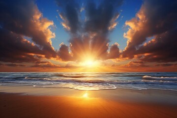 Rays on beach with sunset backdrop. Generative AI - obrazy, fototapety, plakaty