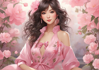 Fototapeta premium an Asian women exuding charm and sweetness, enveloped in shades of pink. Generative AI