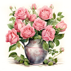 Pink rose arranged in a sophisticated marble vase, colorful watercolors, watercolor illustration, cute cartoon , sharp outline, white background for removing background, single object.