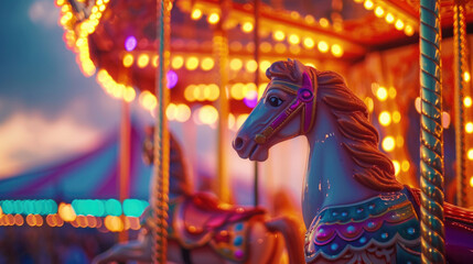 An enchanting carousel horse on a merry-go-round with twinkling lights as the evening descends on the fairground.
