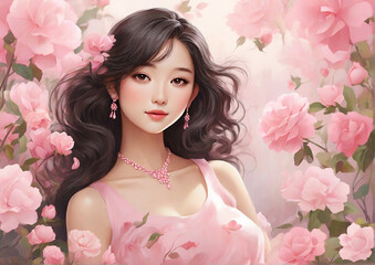 an Asian women exuding charm and sweetness, enveloped in shades of pink. Generative AI