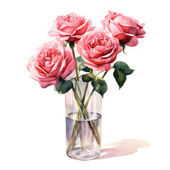 Pink rose arranged in an elegant glass vase, colorful watercolors, watercolor illustration, cute cartoon , sharp outline, white background for removing background, single object.