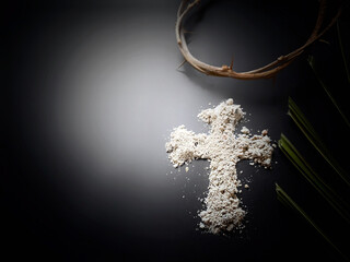 Lent Season, Holy Week, Ash Wednesday concepts.Ash cross symbol in dark background. - obrazy, fototapety, plakaty
