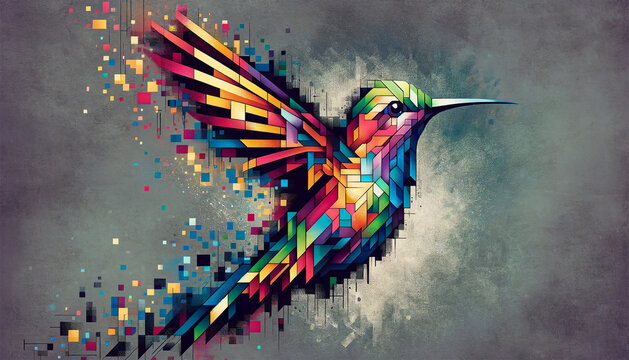 A digital deconstructivist style image of a hummingbird