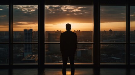 Silhouette of a person at sunset on top of the office building
