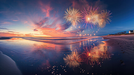 A stunning panorama captures the brilliant spectacle of fireworks above a beach as the sun sets, reflecting vibrant colors on the shoreline and water.
