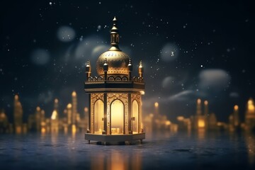Fototapeta premium Eid mubarak and ramadan kareem greetings with islamic lantern and mosque. Eid al fitr background