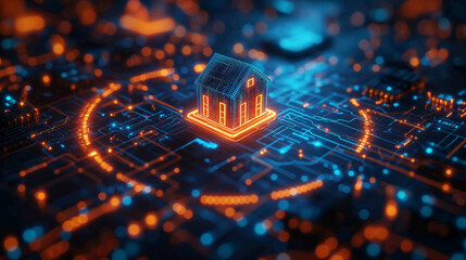 A building in a digital neon circle. digital house concept. future technology growing concepts. digital marketing concept.