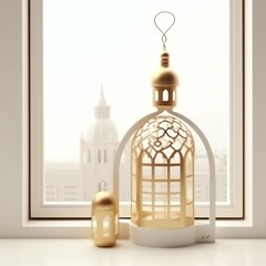 Obraz premium Eid mubarak and ramadan kareem greetings with islamic lantern and mosque. Eid al fitr background