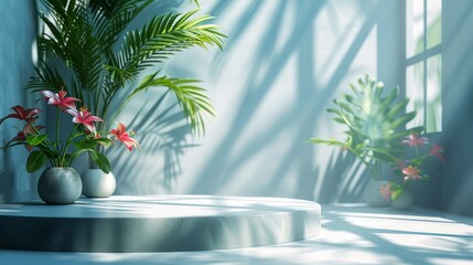 white studio background for product podium presentation empty room with shadows of windows, flowers and tropical  palm leaves in a 3D room with copy space summer concert blurred backdrop