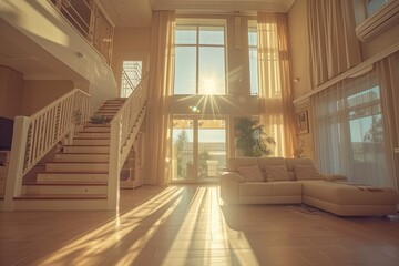 Obraz premium A two-story living room with bright wood tones and a minimalist design. Bright rooms in wood tones. For advertising and open plan interior design