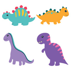 Adorable Dinosaurs Illustration Set. Flat Cartoon Design. Isolated Vector