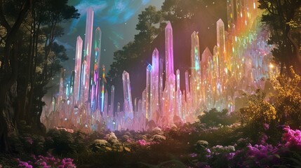 Enchanted Crystal Forest with Luminous Floral Undergrowth