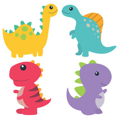 Adorable Dinosaurs Illustration Set. Flat Cartoon Design. Isolated Vector