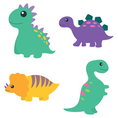 Adorable Dinosaurs Illustration Set. Flat Cartoon Design. Isolated Vector