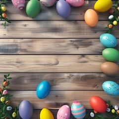 Colorful Easter Eggs on Wooden Background with Copy Space