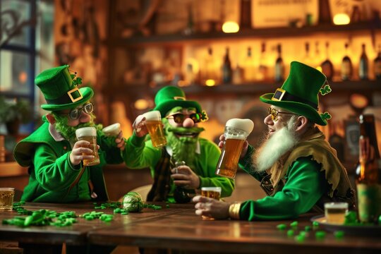 Three fictional leprechauns at a table enjoying beer for entertainment