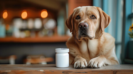 a Labrador dog sitting next to a white vitamin container, demonstrating pet health products..