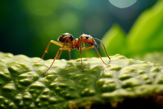 A detailed image of an ant crawling on a leaf in its natural habitat. Generative AI