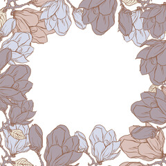 A decorative border of magnolia flowers and branches is highlighted on the background. A pattern of leaves. Vector illustration. For nature, eco and design. Hand-drawn plants, a frame for a postcard.