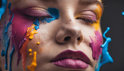 Face Makeup with Colorful Paint Slap Brush and Knockdown Textured Strokes - obrazy, fototapety, plakaty