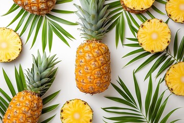 Fresh Pineapples and Slices Beautifully Arranged with Green Leaves on a White Background, Perfect for Healthy Lifestyle Promotions