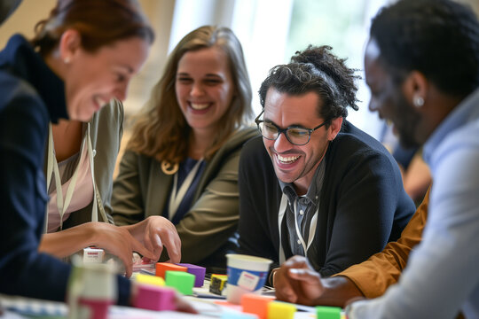Engaged Team Collaborating and Brainstorming through Team Building Exercise with Colorful Workshop Materials