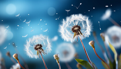 Fluffy dandelion seed flying in the summer meadow softness generated by AI