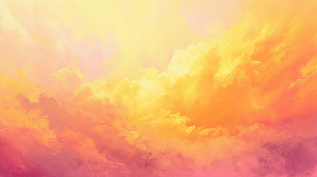 A dreamlike vista of fluffy clouds awash in the vibrant, warm tones of a summer sunset, painted in broad, abstract strokes.
