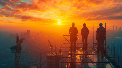 Silhouettes of Construction Crew at Dawn Overlooking a City Skyline Under Construction - obrazy, fototapety, plakaty