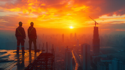 Silhouettes of Construction Crew at Dawn Overlooking a City Skyline Under Construction