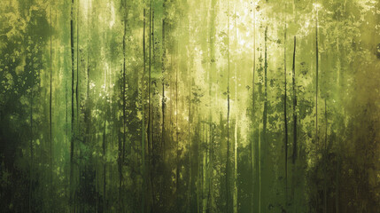 An abstract artistic representation of a lush forest with green and gold color splashes.
