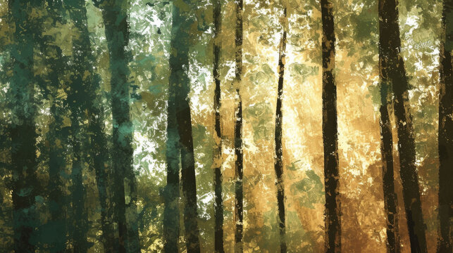 This abstract portrayal features the play of sunlight filtering through a dense forest, captured on canvas with rich textures and earthy tones.
