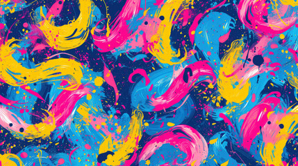 An energetic abstract expressionist painting, bursting with bright summer hues of pink, blue, and yellow with bold brushstrokes.
