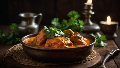 Close up shot of a steaming plate of butter chicken adorned with fresh cilantro leaves, sitting invitingly on a rustic dark wooden table, the creamy sauce glistening under the warm lighting