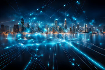 Global media link connecting on night city background. network connection and technology concept.