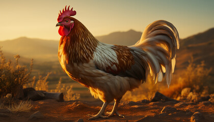 Majestic rooster stands in the meadow, free range at sunrise generated by AI - obrazy, fototapety, plakaty