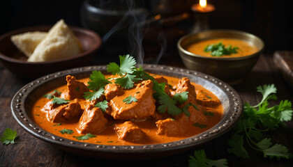 Close up shot of a steaming plate of butter chicken adorned with fresh cilantro leaves, sitting invitingly on a rustic dark wooden table, the creamy sauce glistening under the warm lighting