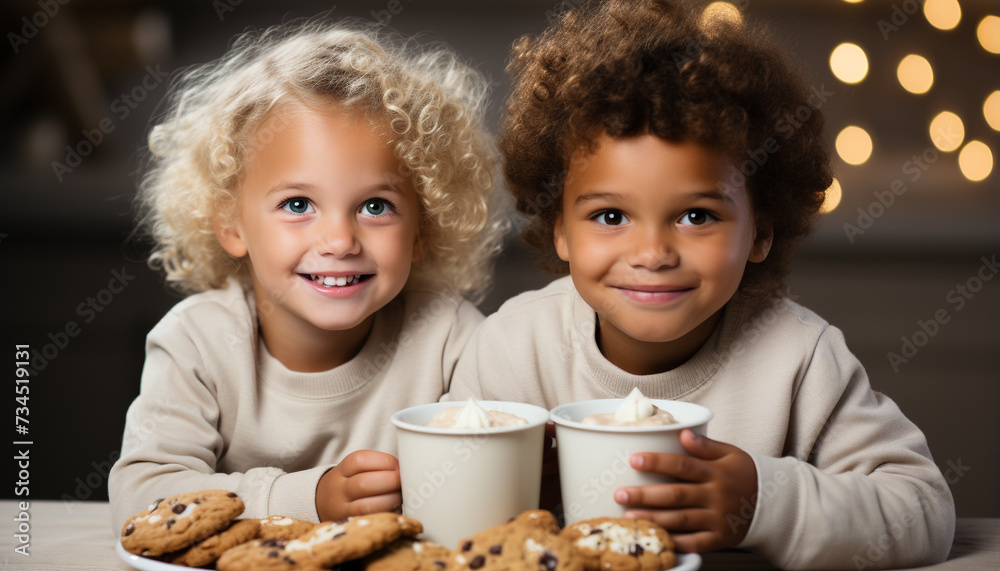 Canvas Prints Smiling children baking, enjoying sweet cookies, creating joyful memories generated by AI