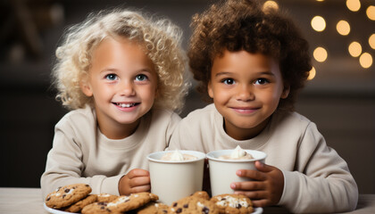 Naklejka premium Smiling children baking, enjoying sweet cookies, creating joyful memories generated by AI