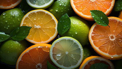 Fresh citrus fruits lemon, lime, orange, grapefruit vibrant and juicy generated by AI - obrazy, fototapety, plakaty