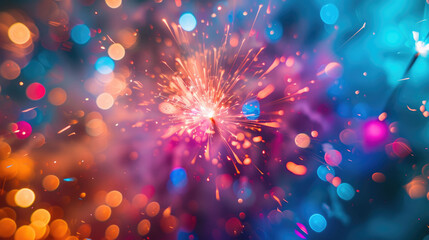 Obraz na płótnie Canvas An abstract image of fireworks bursting in a kaleidoscope of colors with a bokeh effect, symbolizing celebration and excitement. 