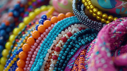 Vibrant collection of various beaded necklaces and bracelets showcasing a multitude of colors and patterns.
 - obrazy, fototapety, plakaty
