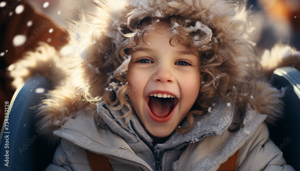 Sticker smiling child enjoys winter outdoors, playing in the snow generated by ai