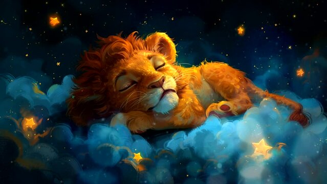 animation cute baby lion sleeping at night on clouds with stars. Seamless looping 4k time-lapse virtual video animation background