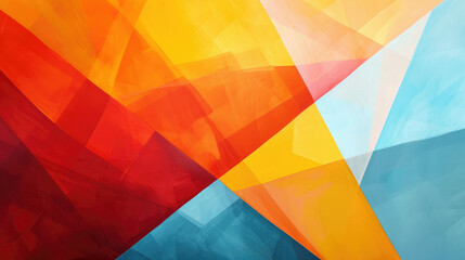 Geometric abstract capturing the essence of summer heat with a palette of bright oranges, reds, and yellows, contrasted against a crisp blue sky background. 