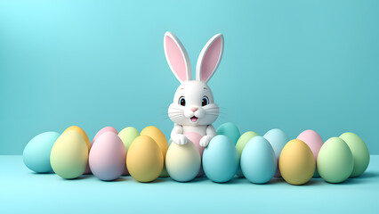Fototapeta na wymiar Easter Delight 3D Bunny Rabbit Surrounded by Colorful Eggs on Blue. 3D easter illustration concept.